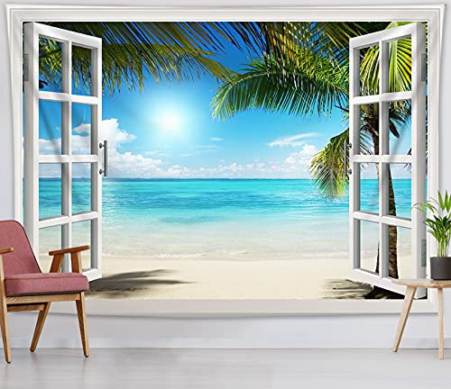 LB Wandteppich Tropischer Strand Wandtuch Türkisfarbenes Meer Wandbehang Grüne Palme Tapisserie für Wohnzimmer Schlafzimmer Wohnheim Wanddeko,235x180cm