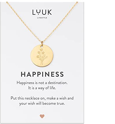 LUUK LIFESTYLE Collier en acier inoxydable avec pendentif Fleur, chaîne réglable individuellement, bijoux pour femmes, carte HAPPINESS, porte-bonheur, or