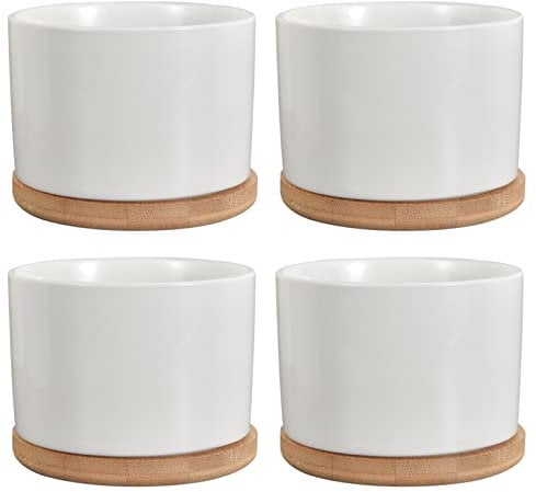 BAILIZHOU Keramische Pflanzen Töpfe 9CM Kleiner Topf mit Holztablett für Sukkulente Pflanzen Zimmerpflanzen, 4er-Set, Weiß