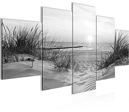 Runa Art - Bilder Strand Sonnenuntergang 200 x 100 cm 5 Teilig XXL Wanddekoration Design Schwarz Weiss 041751c