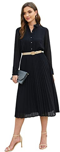 AbleTree Business Casual Hemdkleid für Frauen Langarm Plissee Midikleider mit Gürtel, schwarz, X-Groß