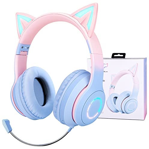 Bluetooth Kopfhörer Kinder, Katzenohren Kinder Kopfhörer mit LED Leucht, Kabellose Kinder Kopfhörer mit Kabel, Verstellbare Kopfhörer Over-Ear mit Mikrofon für Mädchen/Erwachsene/Tablet/iPad/Schule