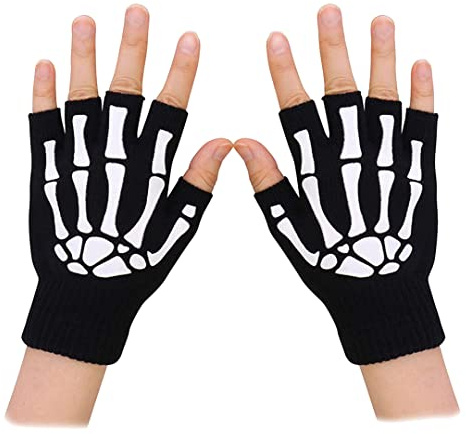 luchike 1 Paar Halloween Skelett Fingerlose Handschuhe Glow Skull Halbfinger Handschuhe Stretchy Knit Handschuhe Halloween Kostüm Handschuhe, schwarz, Einheitsgröße