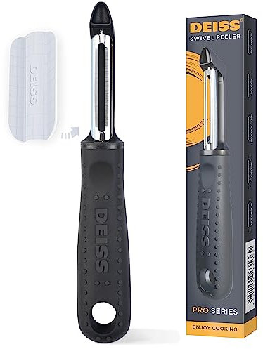 Pelapatate girevole Deiss PRO Premium - Pelapatate affilato in acciaio inox con facile impugnatura antiscivolo, pelapatate per cucina, frutta, carote, mele, verdure, kiwi, resistente e lavabile