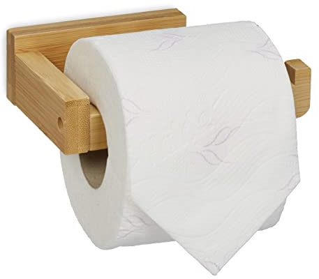 Relaxdays Toilettenpapierhalter Bambus, Klopapierhalter fürs Bad, Wand, klebend, Klorollenhalter HxBxT: 4x14x9 cm, Natur