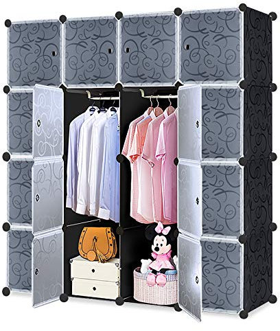 TRMLBE Regalsystem DIY Kleiderschrank mit 16 Würfel Fächern aus Kunststoff Tragbarer Garderobenschrank Steckregal mit Türen Schuhregal Schrank für Kleidung Schuhe - Schwarz, mit 2 Kleiderschrank