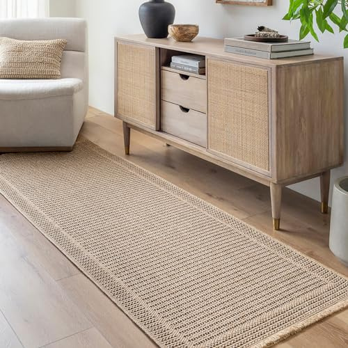 Livabliss Darwin Outdoor Teppich wetterfest - In und Outdoor Teppich für Balkon 78x213 cm, Terrasse, Garten, Küche - Teppiche Boho Style für draußen - Dunkelbeige und Schwarz