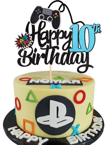 1 Stück 10th Videospiel Tortendeko Glitter Geburtstag Cake Topper Gaming Happy Birthday Kuchen Deko Videospiel Thema Cake Dekoration für Jungen Kindergeburtstag Spiel Thema Party Dekoration Blau