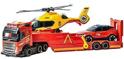Dickie Toys- Camión Rescate de la UME 40cm, Camión de Juguete, Luz y Sonido, Remolque Rampa Lanzamiento, Helicóptero UME y Coche, Juguete Niños Niñas a Partir de 3 Años (203717005SI5)