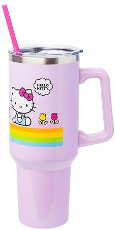 Silver Buffalo Sanrio Hello Kitty Spring and Summer Flowers Rainbow Stripes Stainless Steel Tumbler with Handle and Straw, Fits in Standard Cup Holder, 40 Ounces