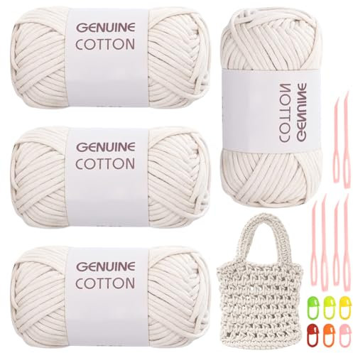RANJIMA Milchig weißes Garn, 4 Stück Einfach Garn, Häkelgarn für Anfänger, Gut Sichtbare Maschen Garns Zum Häkeln mit Häkelzubehör, Baumwoll-Nylon-Garns für Kleidung, Decken, Taschen, Pullover