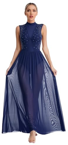 MSemis Damen Lyrisch Tanz Kleid Ärmellos Ballettkleid Gymnastik Trikot mit Asymmetrisch Rock Tanz Body Ballett Trikot Maxikleid Tanzkleidung