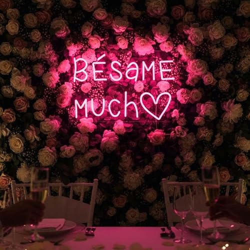 Cartel neón led BESAME MUCHO para boda y eventos con mucho amor - Letrero personalizado bodas animar a besarse color rosa