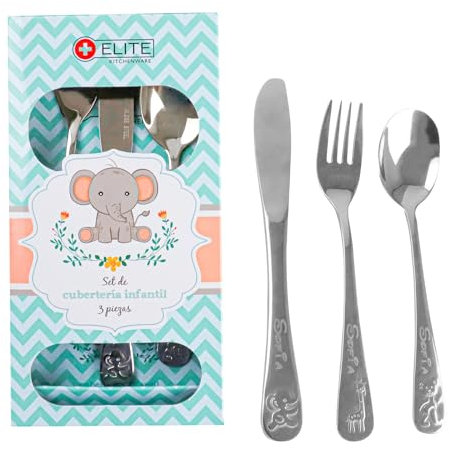 rparty- Juego de Cubiertos de Animales ZOO para Bebe Personalizado con su Nombre en acero inoxidable