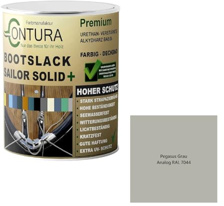 Contura Bootslack Farbig SEIDENMATT Yacht- Buntlack Metall Holz GFK Holzlack Boot Farblos (Pegasus Grau - RAL 7044 Analog, 500ml.)