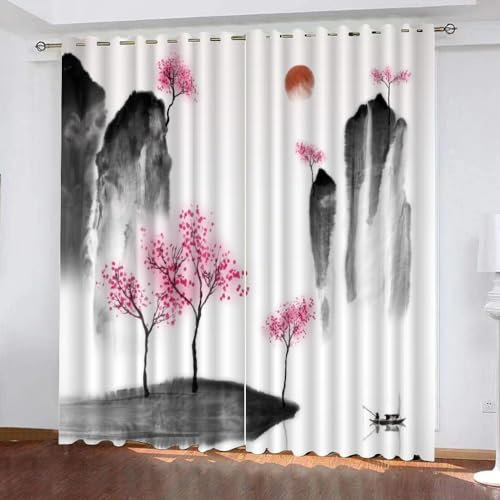GIOVIA 3D Japan Stil Vorhänge Abdunkelnde mit ösen 2 Stücks Gardinen Blickdicht Verdunkelungs Aquarell Kälteschutz Scheibengardinen für Junge Mädchen Schlafzimmer B 280 X H 260 cm