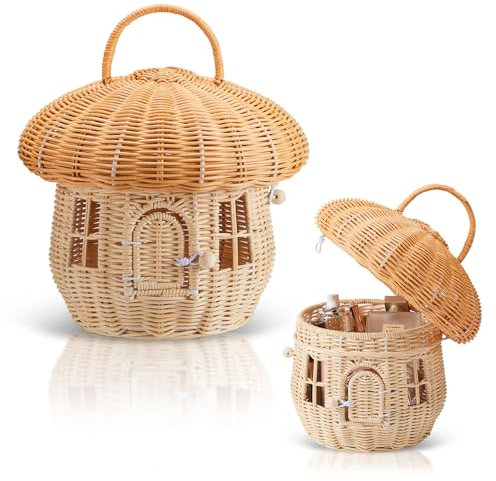 Cesta de mimbre hecha a mano en forma de hongo para almacenamiento de juguetes, organización exterior y decoración del hogar