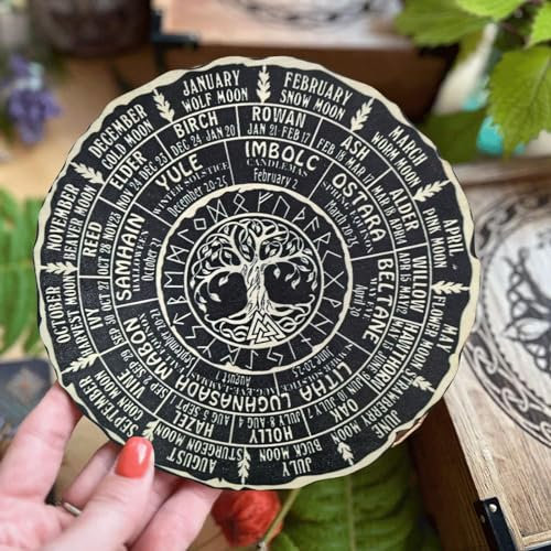 Baumkalender des Jahres Holzschild des Lebens Kalender Hexerei Hexenplaner Hexenaltar Hexendekoration Home Planer (Black, One Size)