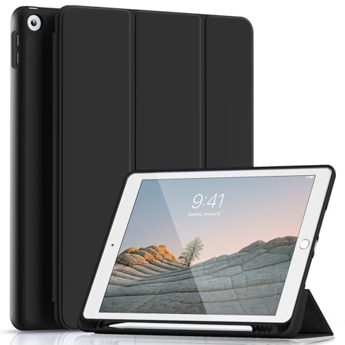 Lsmmpoba Hülle für iPad 9./8./7. Generation 10,2 Zoll, Schwarz | Für iPad 10,2 Modell 2021/2020/2019 mit Stifthalter, Schutzhülle aus TPU mit Standfunktion, Auto Schlaf/Wach Funktion