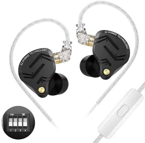 keephifi KZ ZS12 Pro X KZ 1DD 5BA IEM Auriculares con Cable IEM,KZ In Ear Monitor,Auriculares KZ Controlador dinámico de 10 mm, 4 interruptores de Ajuste Profesionales (versión Tuning, con micrófono)