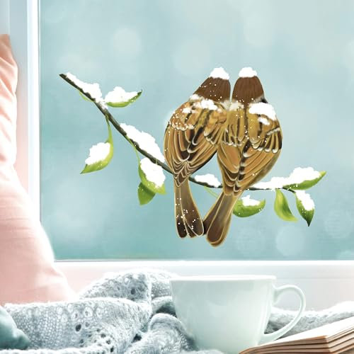 Wandtattoo Loft Fensterbilder Weihnachten mit Spatzen auf Zweig– Wiederverwendbar – A4 Bogen – Weihnachstdeko Fenster Kinderzimmer, Weihnachtsbilder Fenster, Fensterbild Winter