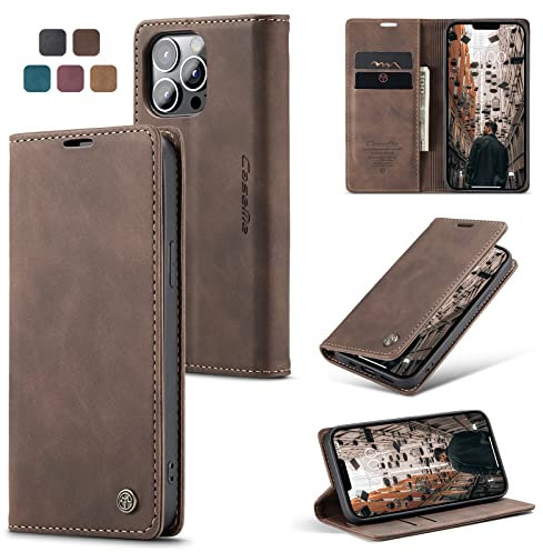 owlhold Handyhülle für iPhone 13 Pro Hülle, Premium Lederhülle Weiches Vintage-Nubukleder Faltbare Ständer Klapphülle Kartenfach Standfunktion stoßfest Schutzhülle für iPhone 13 Pro -Kaffee