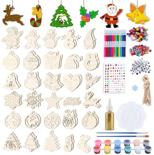 Roselee 294 Stück Weihnachten Basteln Holz,Holzanhänger zum Bemalen Weihnachten Basteln Kinder,DIY Holz Weihnachtsdeko Anhänger Christbaumschmuck Holzanhänger Bastelset Kinder