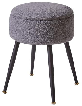 Aibiju Dressing Table Chair with Storage Space, Round Faux Teddy Fur Footrest Footstool Ottoman with 4 Metal Legs, Makeup Vanity Stool Side Table for Makeup Room, Bedroom, Grey YD-RMS137G