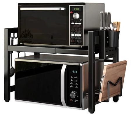Microwave Oven Rack Shelf with 6 Hooks Knife Block Chopping Board Stand Expandable Kitchen Storage Organizer for Countertop