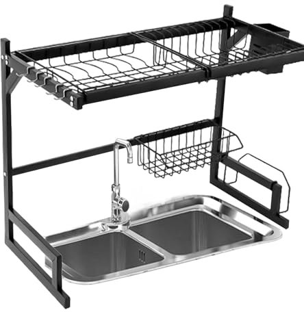 Estante para secar platos sobre el fregadero, gran capacidad, organizador de cocina multifuncional con soporte para utensilios, incluye soporte para palillos, ideal para cuencos, platos y cortadores