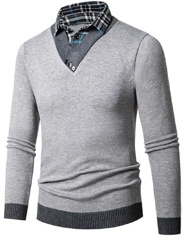 Men's 2 in 1 Winter Warm Knitted Jumper with V-Neck & Shirt Collar, Fine Knit, gray, XL