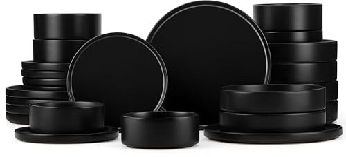 Herogo Geschirr-Sets mit Pastaschalen für 6 Personen, 24-teilig, Salatteller und Müslischalen, Steingut, Geschirr für Zuhause, Küche, spülmaschinen- und mikrowellengeeignet, Mattschwarz
