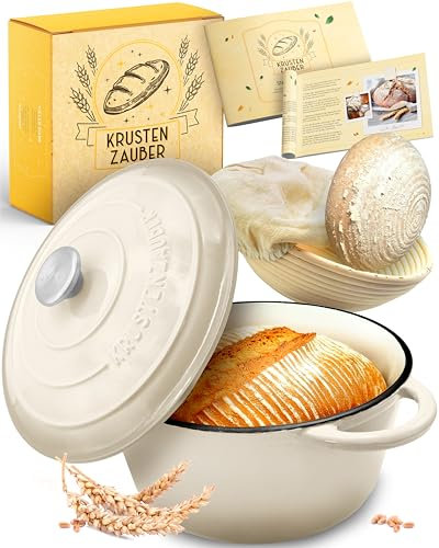 KRUSTENZAUBER Olla de hierro fundido para hornear pan esmaltado, incluye cesta de fermentación, 26 cm, olla esmaltada con accesorios, ideal como sartén para pan, pan, molde para hornear pan con tapa