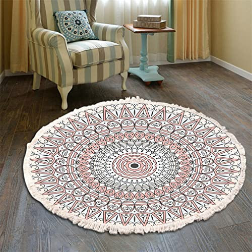 Tapis rond en coton doux vintage avec pompons antidérapants et lavables Motif mandala Rose 150 cm