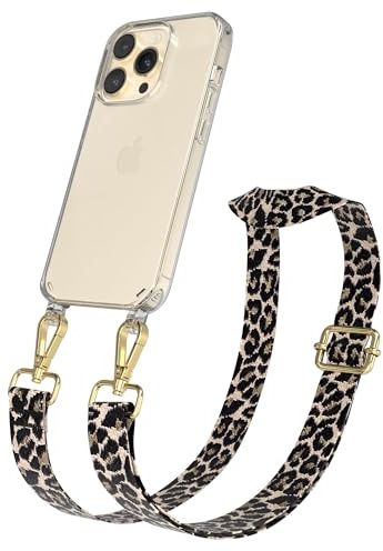 EAZY CASE Handykette - Verstellbares Taschenband kompatibel mit iPhone 14 Pro, Schulterriemen, Handykordel mit Silikon Hülle, Umhängetasche, Leo - Schwarz Beige Gold