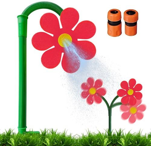 Crazy Daisy Sprinkler - 360° Rotating Dancing Flower Water Sprinkler with 2 Adapters for Lawn & Garden, Fun Irrigation Tool for Yard Watering Dog & Pets Playing (Red)