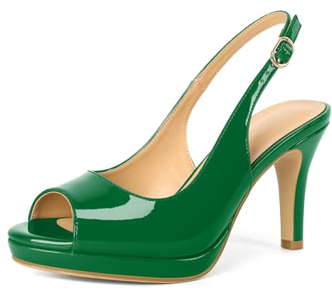 EDEFS Women’s Patent Leather Slingback Heels Peep Toe 3.5” with Adjustable Strap – Office & Evening Wear