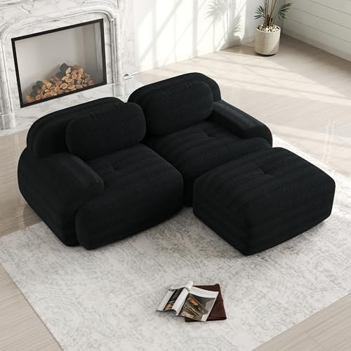 Modulares 2 Sitzer Sofa aus Cordstoff, Boneless Couch mit 1 Ottomane, Ohne Montage mit Rutschfester Unterseite, Compressed Sofa frei Kombinierbar für Wohnzimmer & Ruhezonen Schwarz