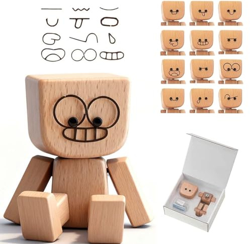 Shaking Wooden Man Figurine,Handmade Shaking Feet Wooden Doll With 12pcs Expressions,Charming Little Wood Figure,Car Dashboard Accessories & Desk Decor, Creative Gift For Drivers Friends & Office Fun