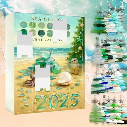 Sea Glass Advent Calendar, Sea Glass christmas Tree Ornaments 2025, Christmas Tree Advent Calendar 24 Day 3D Ocean Themed Ornaments Calendar Home Gifts Decor