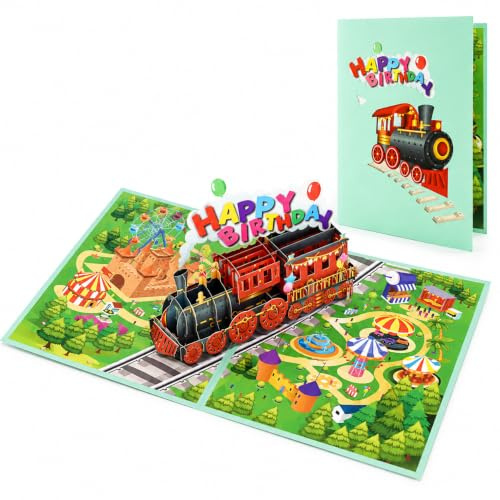 DORAFIORA® 3D Happy-Birthday Zug – Magische Pop-Up Karte für Kindergeburtstage | Lustige Eisenbahn Grußkarte für Jungen & Mädchen | Inkl. Umschlag