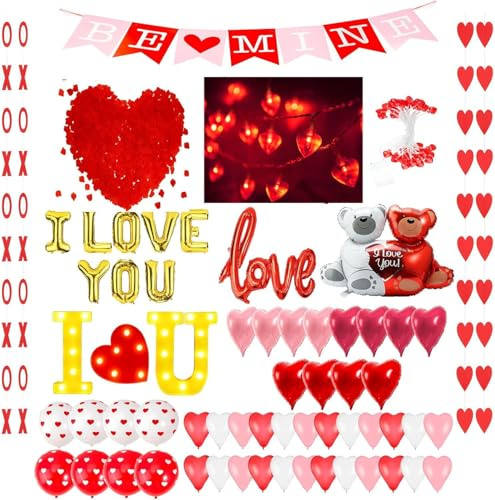 Auihiay Kit Déco Romantique pour Chambre - 6 Mètres Guirlande LED Cœur, 2000 Pétales de Roses, Guirlande Cœurs XO, Panneau Lumineux I LOVE YOU & Ballons Cœur pour proposition,mariage,anniversaire