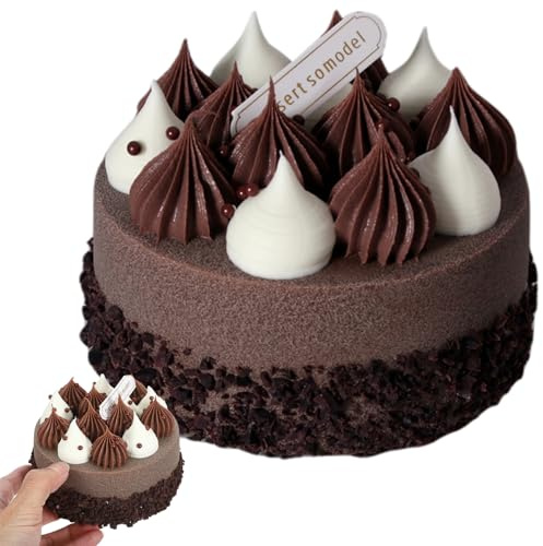 Gâteau d'anniversaire de 4 pouces, gâteau artificiel en polystyrène avec ornements en crème et chocolat, Faux décoratif à faible entretien pour accessoires de photographie et affichage