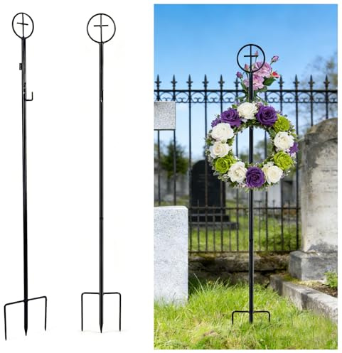 2Pcs Cemetery Wreath Stands, 38 Adjustable Metal Gravestone Wreath Holder