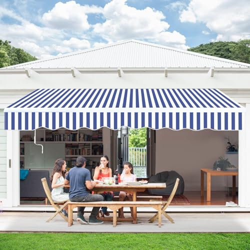 Peviasot Gelenkarmmarkise Markise, 300x250cm Sonnenmarkise Einziehbare Markise mit Handkurbel, Winkel einstellbar bis 30 Grad, Sonnenschutz Wasserschutz, inkl. Wandhalterung, Blau Weiß