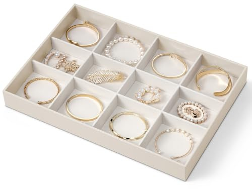 VLANDO Stackable Jewellery Organiser, Jewellery Tray for Bracelets | 12 Compartments, Adjustable Dividers, Easy Sorting, 34 x 23.7 x 4.2 cm, Compact Design, Gift for Women, Dressing Table, Beige