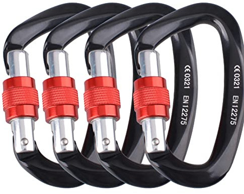 Azarxis Mousqueton Escalade 25kN Mousqueton à Verrouillage en Forme de D avec Bouchon à Vis 2 ou 4 Pièces pour Hamac Randonnée (Noir - 4 Pièces)