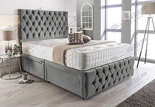 Sleep Factory's Grey Plush Velvet Chesterfield 2 Drawer Divan Bed Set, Mattress & Headboard (5.0FT (King))