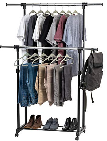 IRIS USA Portable Double-Rod Height Adjustable Clothes Rack with Extendable Bar and Lockable Wheels, Rolling Garment, Double Rod Wardrobe Rack, Easy Assemble, for Clothes, Belts, Shoes, and Bags