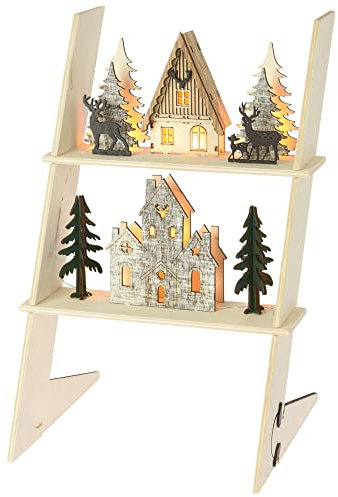 com-four® Scala Decorativa a LED con Case - Decorazioni Natalizie in Legno - Case con Illuminazione a LED - Decorazioni per Ambienti a Batteria - Decorazioni Natalizie (1 Pezzo - casa su Scala)